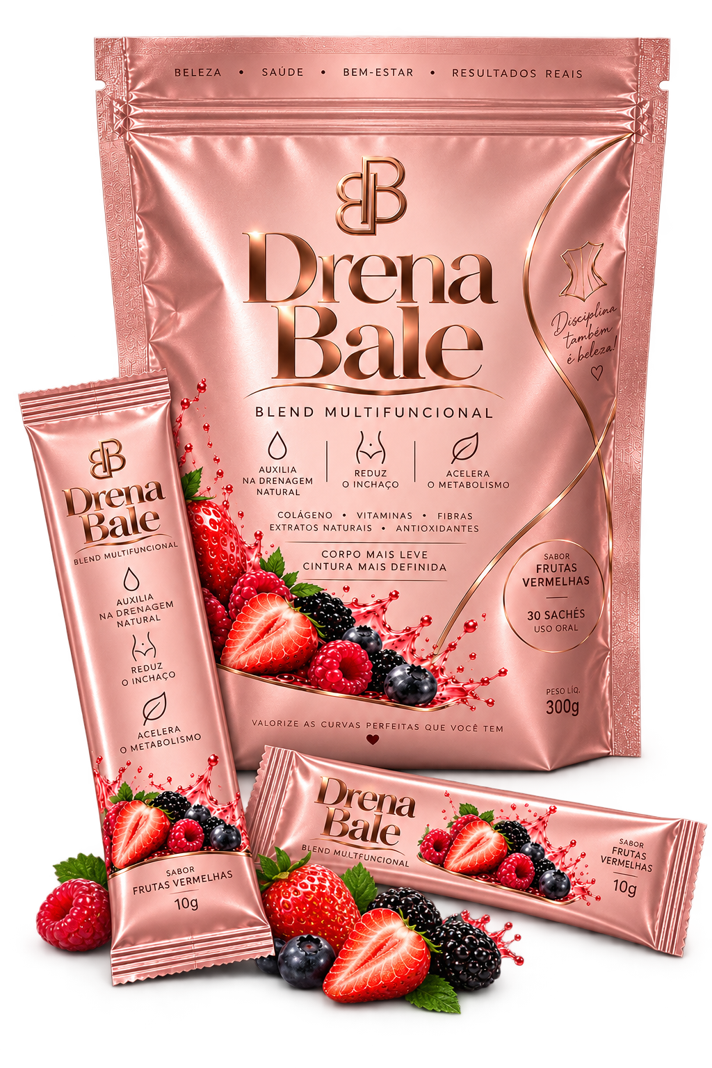 Embalagem rosé de Drena Bale com sachês e frutas vermelhas